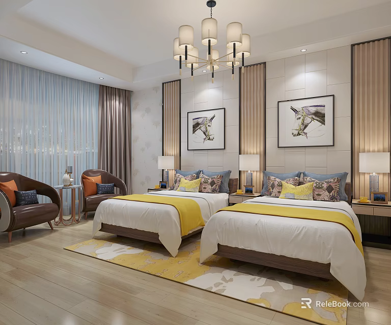 Comfortable Hotel Guest Room With Twin Beds Nightstands And Decorative Paintings 3d model 