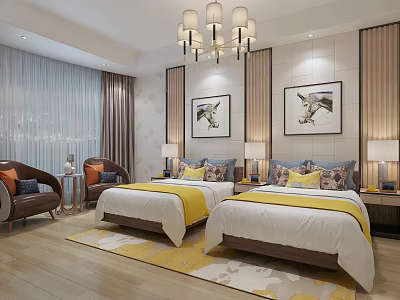 Comfortable Hotel Guest Room With Twin Beds Nightstands And Decorative Paintings 3d model