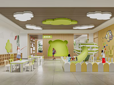 Vibrant Children's Activity Space With Cloud Ceiling Bear Shaped Door Slide And Tables 3d model