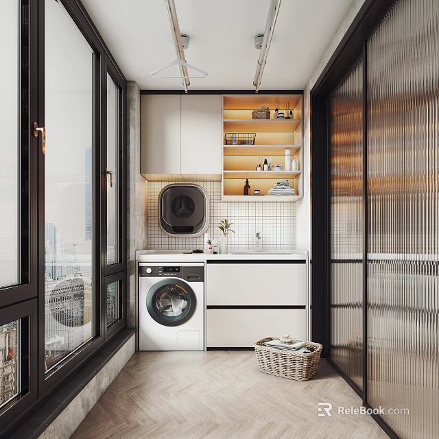 Modern Home Balcony Interior With Washing Machine Storage Shelves And Large Windows Design 3d model 