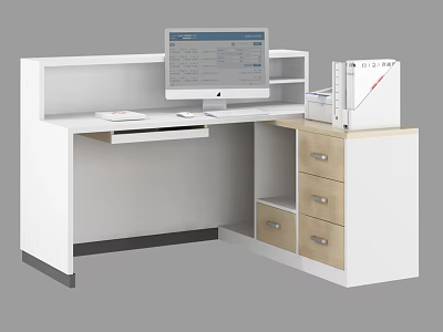 Modern Office Workstation With White Desk Computer Monitor Wooden Drawer Cabinet And File Folders 3d model