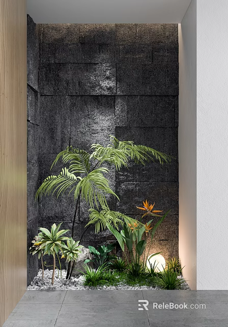 Indoor Plant Decoration With Gray Stone Wall Wooden Frame And Orange Flowers 3d model 