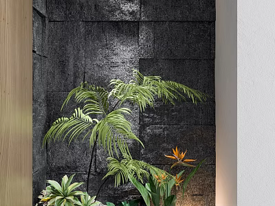 Indoor Plant Decoration With Gray Stone Wall Wooden Frame And Orange Flowers 3d model