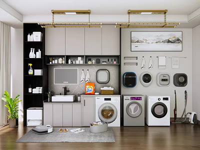 Modern Laundry Room With Multiple Washing Machines Cabinets Hanging Rod Laundry Supplies And Potted Plant 3d model