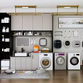 Modern Laundry Room With Multiple Washing Machines Cabinets Hanging Rod Laundry Supplies And Potted Plant