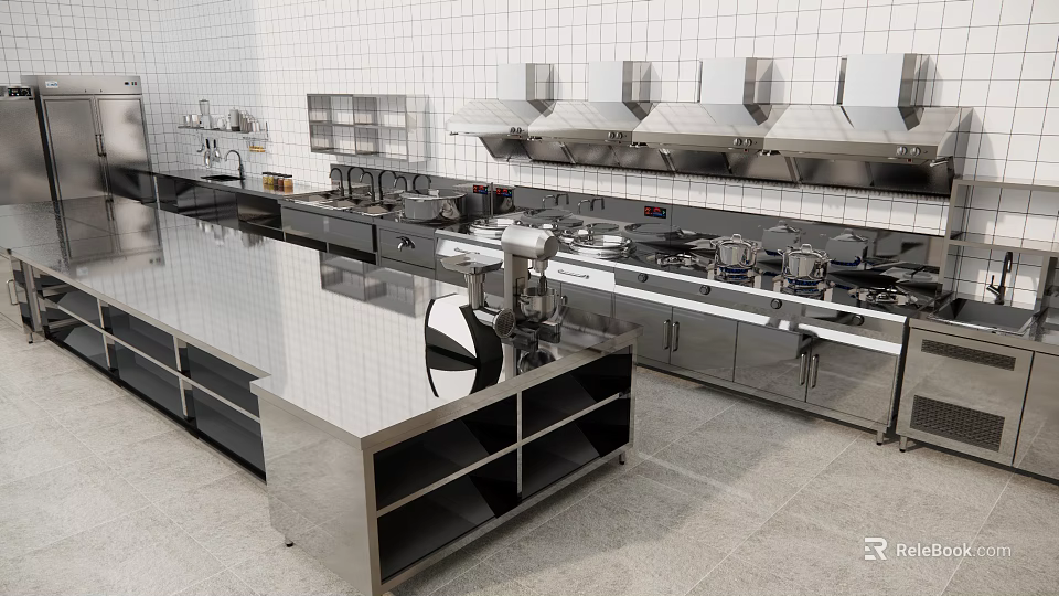 Commercial Kitchen Interior With Stainless Steel Worktables Range Hoods Sinks And Cabinets 3d model 