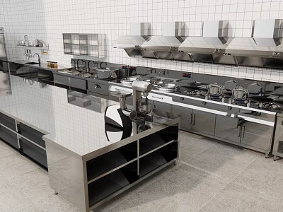 Commercial Kitchen Interior With Stainless Steel Worktables Range Hoods Sinks And Cabinets 3d model