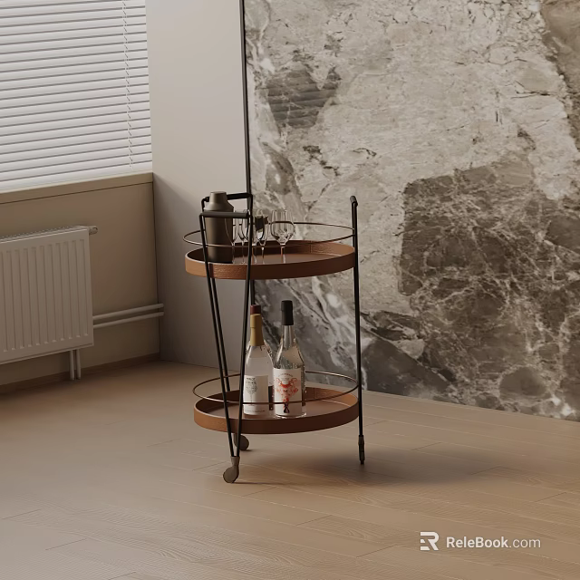 Two Tier Rolling Side Table with Wooden Tray and Black Metal Frame 3d model 