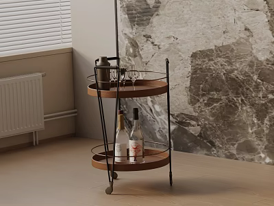 Two Tier Rolling Side Table with Wooden Tray and Black Metal Frame 3d model