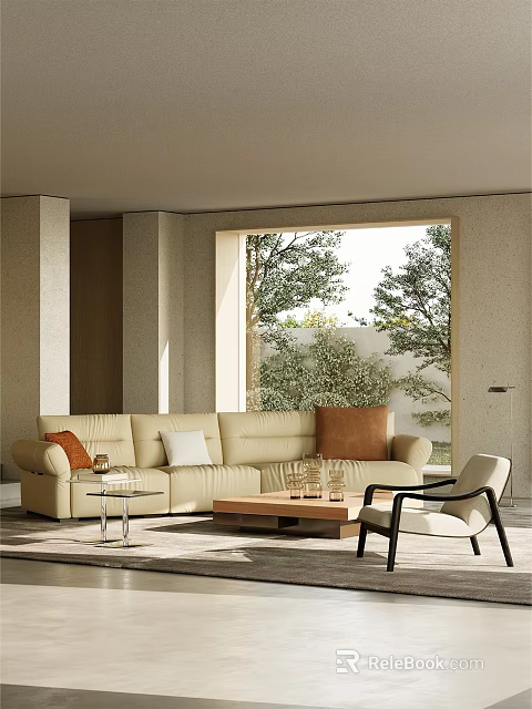 Modern Beige Sofa Set With Throw Pillows Wooden Coffee Table By Window With Tree View 3d model