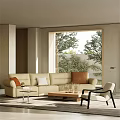 Modern Beige Sofa Set With Throw Pillows Wooden Coffee Table By Window With Tree View 3d model