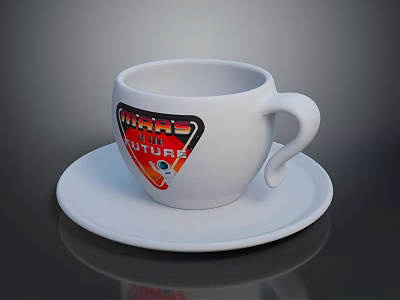 Everyday White Coffee Cup with Saucer and MIND THE FUTURE Logo Design 3d model