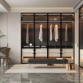 Modern Walk in Closet Interior Design With Glass Door Cabinets Hanging Clothes Drawers And Bench