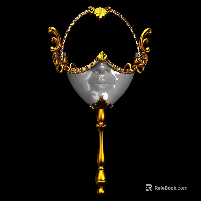 Golden Decorated Mask With White Face Ornate Patterns Chains And Gold Stand On Black Background 3d model 