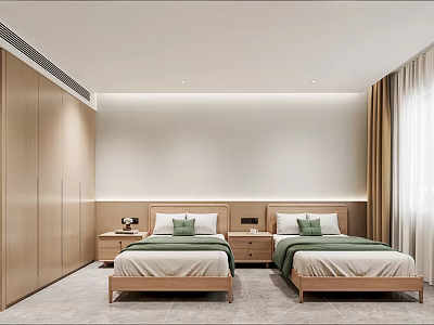 Hotel Room Interior with Twin Beds Green Pillows Wooden Wardrobes Bedside Tables and Window Curtains 3d model