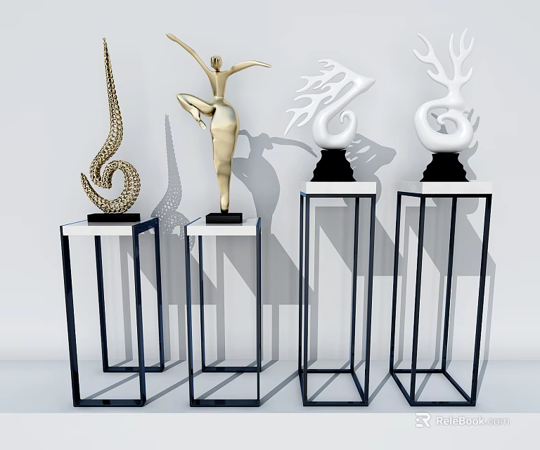 Modern Abstract Decorative Ornament Set With Gold White Sculptures On Black Metal Stands 3d model 