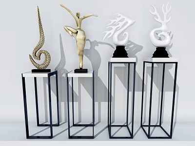 Modern Abstract Decorative Ornament Set With Gold White Sculptures On Black Metal Stands 3d model