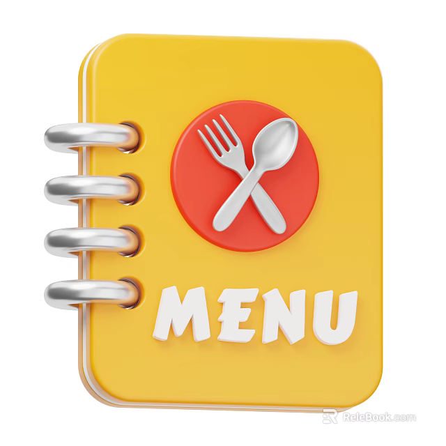 Yellow Spiral Bound Menu With Red Circular Fork And Spoon Logo Design 3d model 