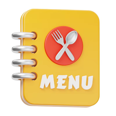 Yellow Spiral Bound Menu With Red Circular Fork And Spoon Logo Design 3d model
