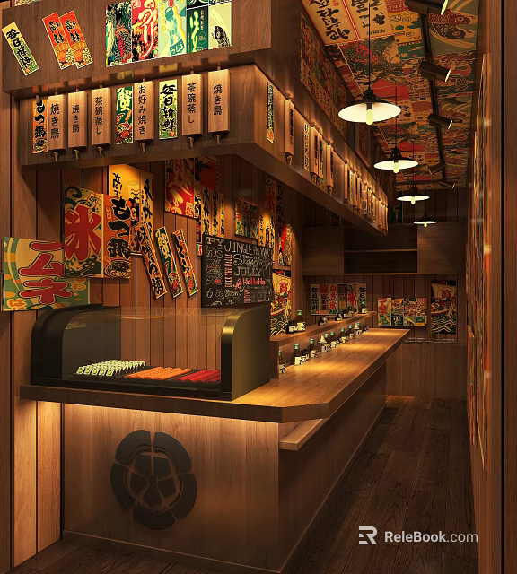 Japanese Restaurant Interior With Wooden Decor Wall Posters And Counter Hanging Lights 3d model 