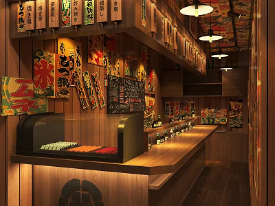 Japanese Restaurant Interior With Wooden Decor Wall Posters And Counter Hanging Lights 3d model