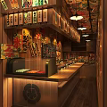 Japanese Restaurant Interior With Wooden Decor Wall Posters And Counter Hanging Lights