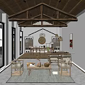 Traditional Chinese Living Room With Wooden Beam Ceiling Hanging Lamps Bookshelves And Rug