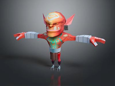 Red Horned Fantasy Game Character 3D Model With Green Tattoos And Block Arms 3d model