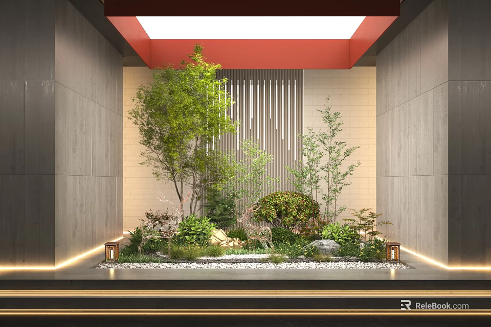 Indoor Miniature Garden Feature With Green Trees Shrubs Stone Decor And Modern Lighting 3d model 