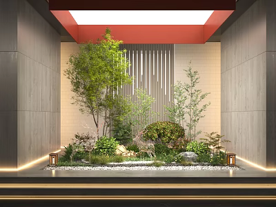 Indoor Miniature Garden Feature With Green Trees Shrubs Stone Decor And Modern Lighting 3d model