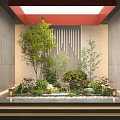 Indoor Miniature Garden Feature With Green Trees Shrubs Stone Decor And Modern Lighting