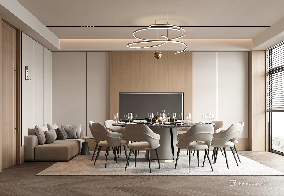 Elegant Private Dining Room Interior With Modern Chandelier Dining Table And Comfortable Chairs 3d model