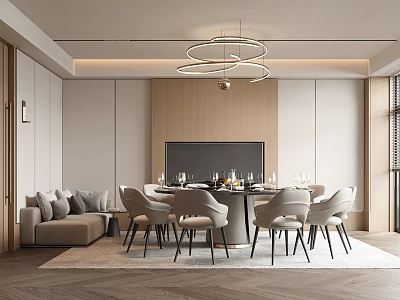 Elegant Private Dining Room Interior With Modern Chandelier Dining Table And Comfortable Chairs 3d model