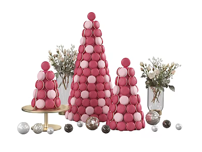 Pink And White Macarons Stacked As Trees With Vase Of White Flowers And Decorative Balls 3d model