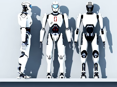 Three Modern Humanoid Smart Robots With White Exterior Black Red Details And Standing Posture 3d model