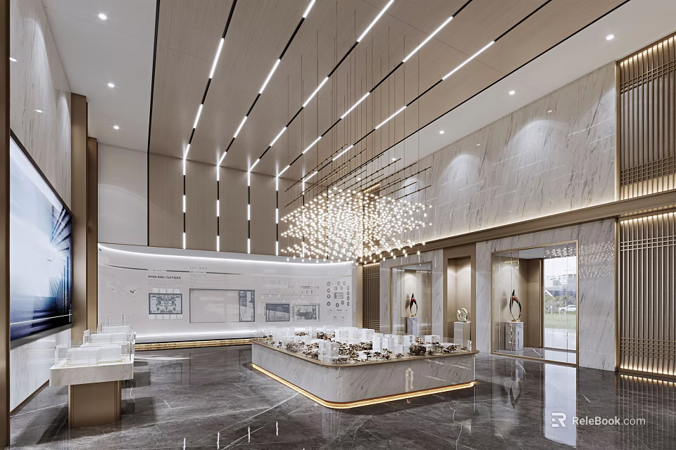 Modern Property Sales Office Interior With Elegant Chandelier Marble Walls And Model Display Area 3d model 