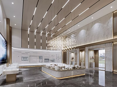 Modern Property Sales Office Interior With Elegant Chandelier Marble Walls And Model Display Area 3d model