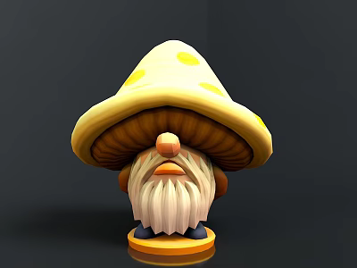 3D Model of Cartoon Mushroom Gnome With Yellow Spotted Hat White Beard 3d model
