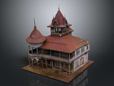 Vintage Architecture Model Featuring Red Roof Spire Tower And Wooden Balcony Design 3d model