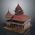 Vintage Architecture Model Featuring Red Roof Spire Tower And Wooden Balcony Design