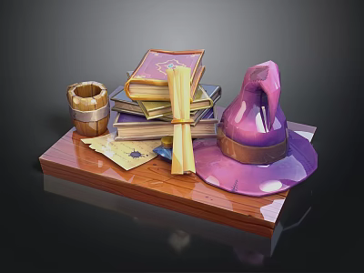 Wizard Hat And Stack Of Magic Books With Scrolls On Wooden Tray 3d model