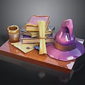 Wizard Hat And Stack Of Magic Books With Scrolls On Wooden Tray 3d model