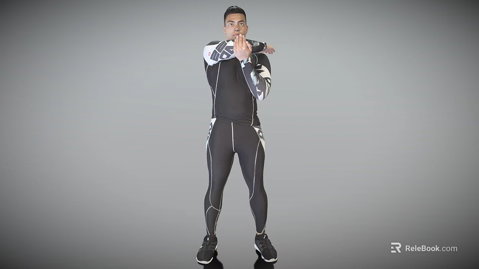 Man Wearing Black Tight Sportswear With White Accents Standing Arms Crossed On Gray Background 3d model 