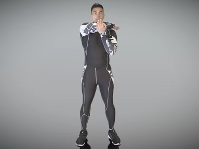 Man Wearing Black Tight Sportswear With White Accents Standing Arms Crossed On Gray Background 3d model