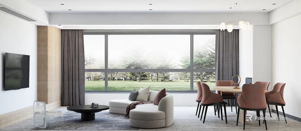 Living Dining Room Interior With Large Windows Beige Sofa Black Coffee Table And Brown Chairs 3d model 