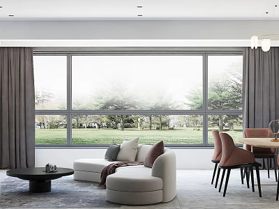 Living Dining Room Interior With Large Windows Beige Sofa Black Coffee Table And Brown Chairs 3d model