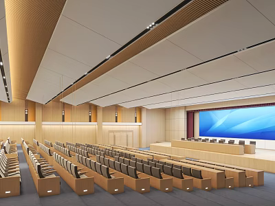 Modern Large Conference Room With Arranged Seats Front Platform And Large Screen 3d model