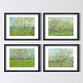 Four Black Framed Botanical Paintings Featuring Blooming Trees Green Grass 3d model