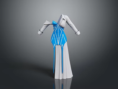 Elegant White Long Dress With Blue Striped Accents And V Neck Long Sleeves 3d model