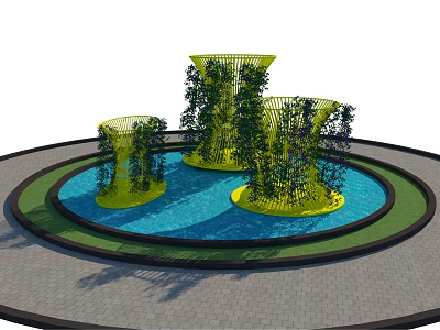 Decorative Garden Ornament With Three Yellow Lattice Structures Blue Water Pool And Climbing Plants 3d model
